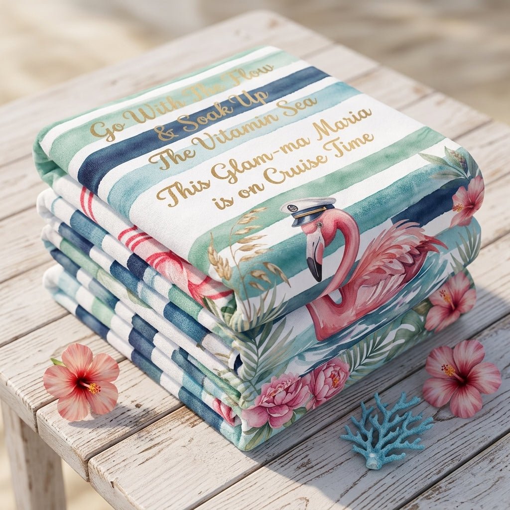 Personalized Flamingo Beach Towel - "Cruise Time" Custom Glam-ma Vacation Gift - FlamingoAholic