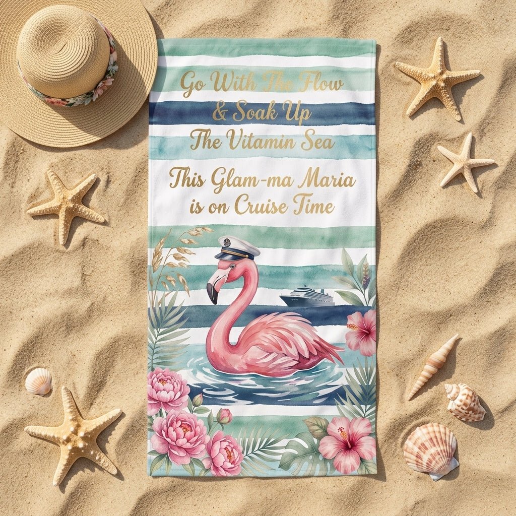 Personalized Flamingo Beach Towel - "Cruise Time" Custom Glam-ma Vacation Gift - FlamingoAholic