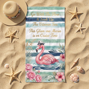 Personalized Flamingo Beach Towel - "Cruise Time" Custom Glam-ma Vacation Gift - FlamingoAholic