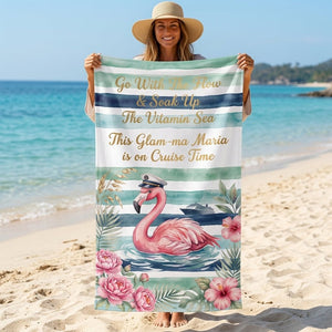 Personalized Flamingo Beach Towel - "Cruise Time" Custom Glam-ma Vacation Gift - FlamingoAholic