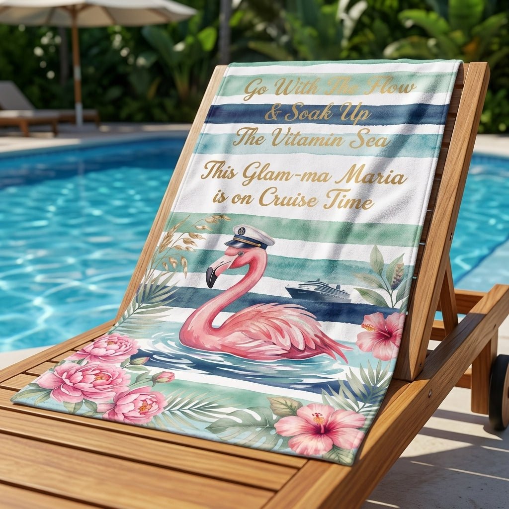 Personalized Flamingo Beach Towel - "Cruise Time" Custom Glam-ma Vacation Gift - FlamingoAholic