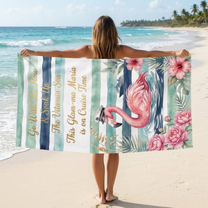Personalized Flamingo Beach Towel - "Cruise Time" Custom Glam-ma Vacation Gift - FlamingoAholic