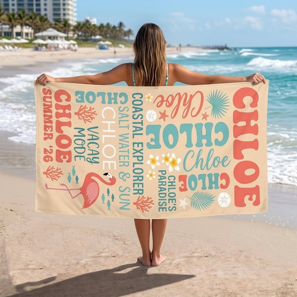 Personalized Flamingo Beach Towel - Custom Name "Chloe's Paradise" Summer Gift - FlamingoAholic