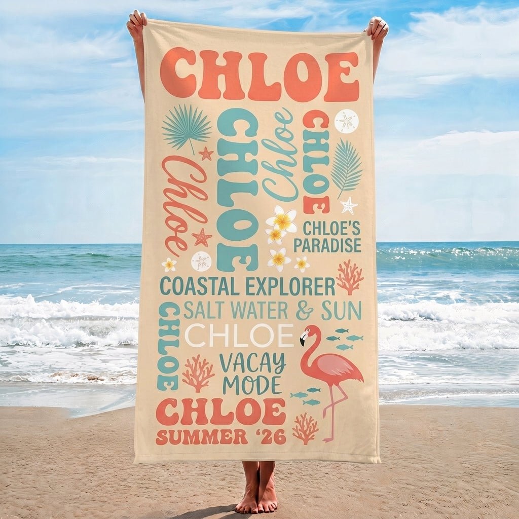 Personalized Flamingo Beach Towel - Custom Name "Chloe's Paradise" Summer Gift - FlamingoAholic