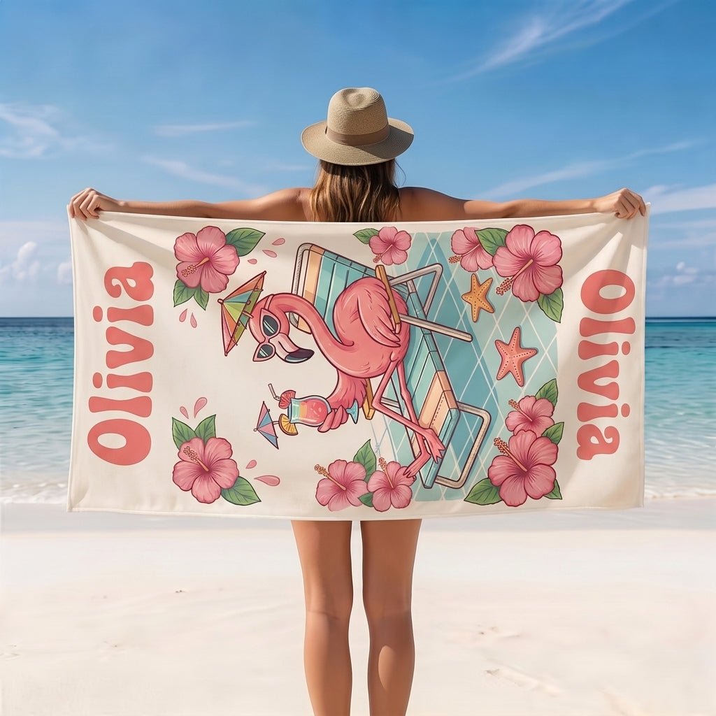 Personalized Flamingo Beach Towel - Cute Lounge Flamingo Custom Name Summer Vacation Gift - FlamingoAholic