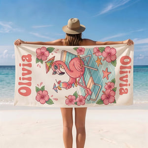 Personalized Flamingo Beach Towel - Cute Lounge Flamingo Custom Name Summer Vacation Gift - FlamingoAholic