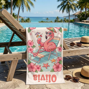 Personalized Flamingo Beach Towel - Cute Lounge Flamingo Custom Name Summer Vacation Gift - FlamingoAholic