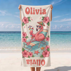 Personalized Flamingo Beach Towel - Cute Lounge Flamingo Custom Name Summer Vacation Gift - FlamingoAholic