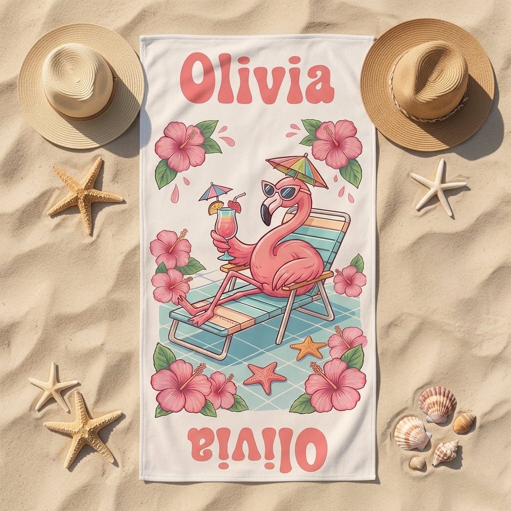 Personalized Flamingo Beach Towel - Cute Lounge Flamingo Custom Name Summer Vacation Gift - FlamingoAholic