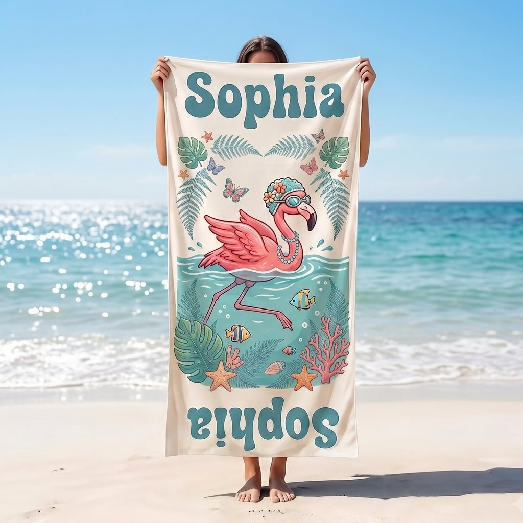 Personalized Flamingo Beach Towel - Cute Swimming Flamingo Custom Name Summer Vacation Gift - FlamingoAholic