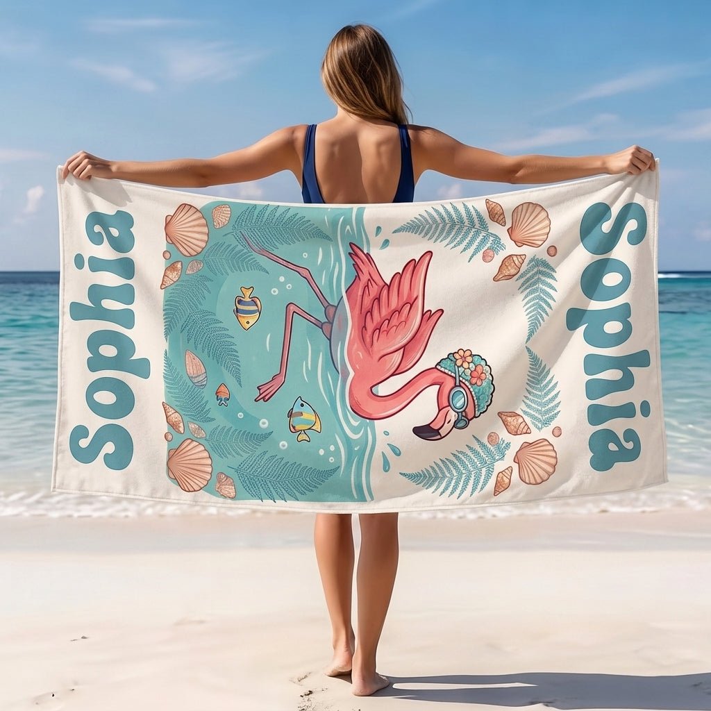 Personalized Flamingo Beach Towel - Cute Swimming Flamingo Custom Name Summer Vacation Gift - FlamingoAholic