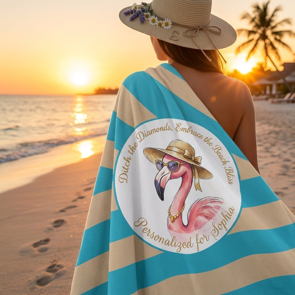 Personalized Flamingo Beach Towel - "Ditch the Diamonds" Custom Name Summer Gift - FlamingoAholic