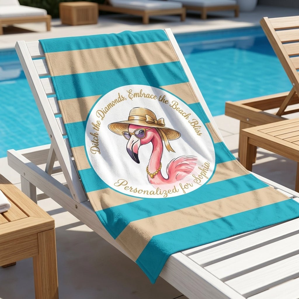 Personalized Flamingo Beach Towel - "Ditch the Diamonds" Custom Name Summer Gift - FlamingoAholic