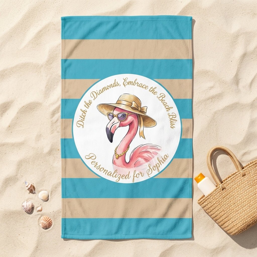 Personalized Flamingo Beach Towel - "Ditch the Diamonds" Custom Name Summer Gift - FlamingoAholic
