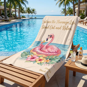 Personalized Flamingo Beach Towel - "Embrace the Flamingo Life" Custom Name Summer Gift - FlamingoAholic