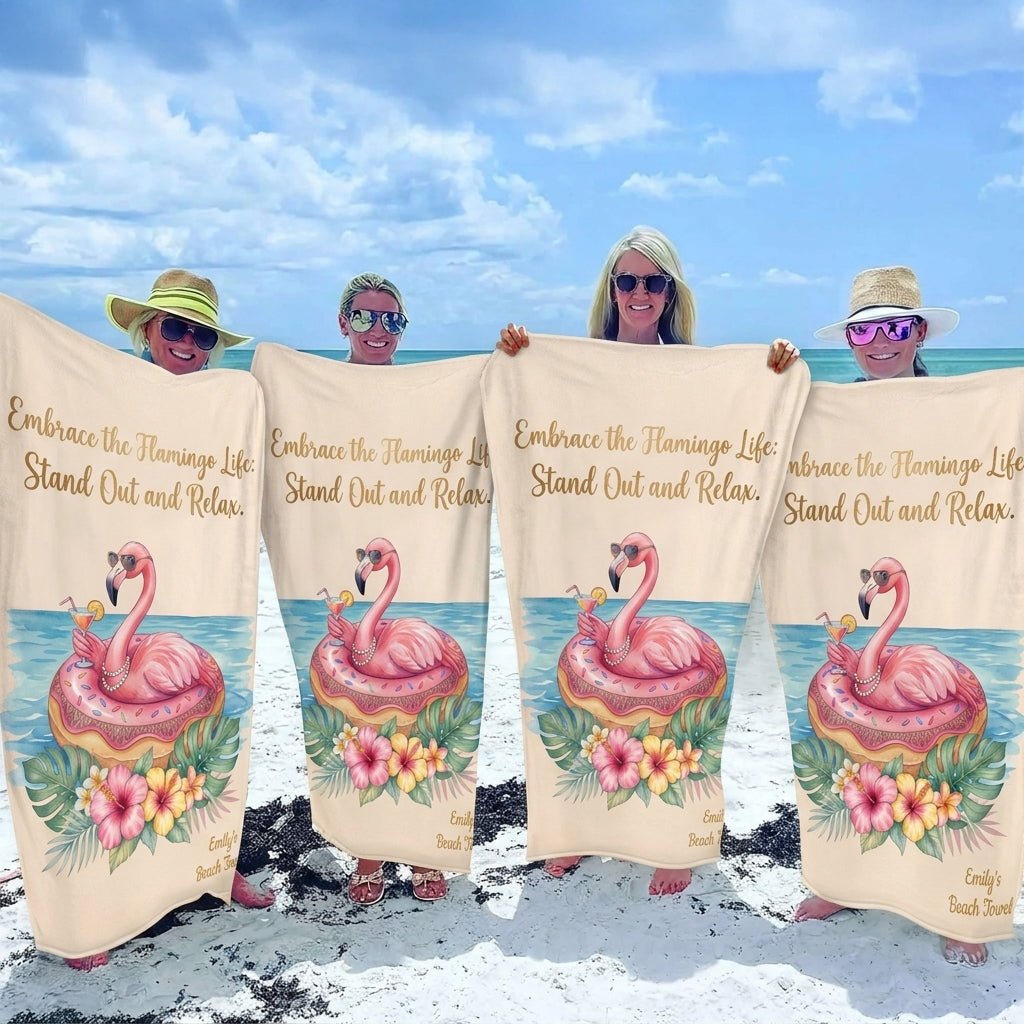Personalized Flamingo Beach Towel - "Embrace the Flamingo Life" Custom Name Summer Gift - FlamingoAholic
