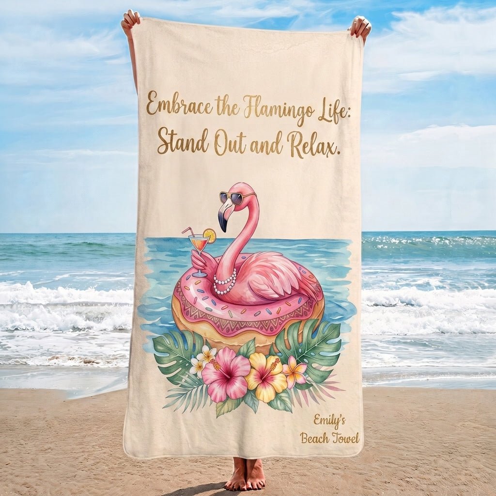 Personalized Flamingo Beach Towel - "Embrace the Flamingo Life" Custom Name Summer Gift - FlamingoAholic