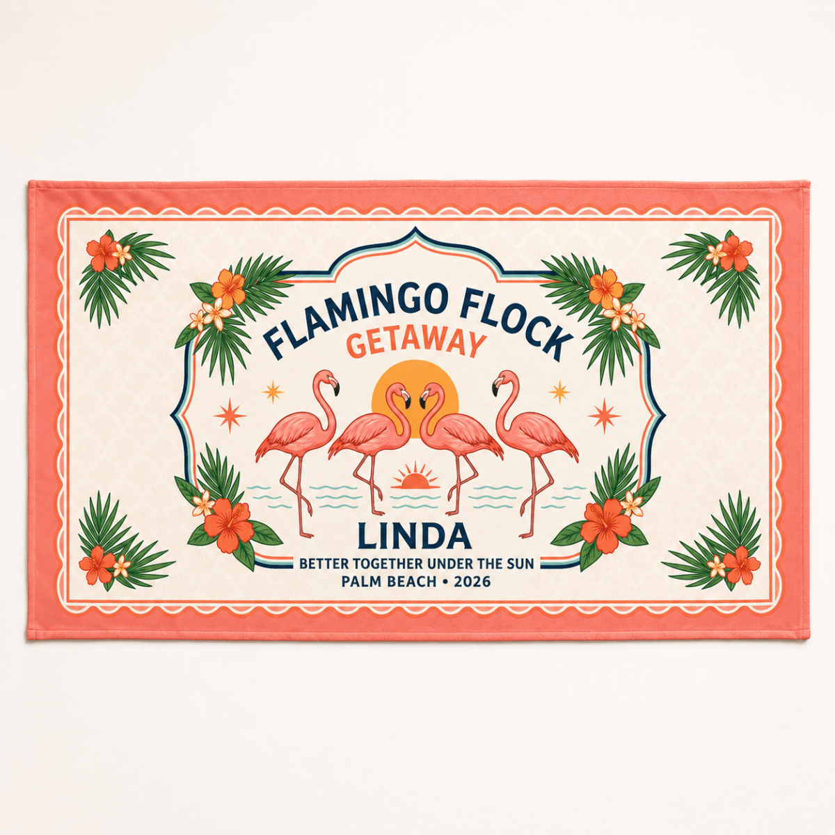 Personalized Flamingo Beach Towel | Flamingo Flock Getaway Towel | Custom Beach Vacation Gift | Palm Beach Family Towel - FlamingoAholic