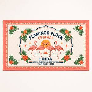 Personalized Flamingo Beach Towel | Flamingo Flock Getaway Towel | Custom Beach Vacation Gift | Palm Beach Family Towel - FlamingoAholic