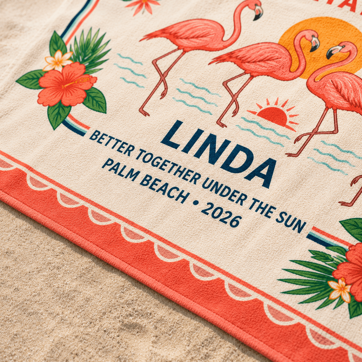 Personalized Flamingo Beach Towel | Flamingo Flock Getaway Towel | Custom Beach Vacation Gift | Palm Beach Family Towel - FlamingoAholic