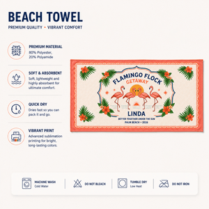 Personalized Flamingo Beach Towel | Flamingo Flock Getaway Towel | Custom Beach Vacation Gift | Palm Beach Family Towel - FlamingoAholic