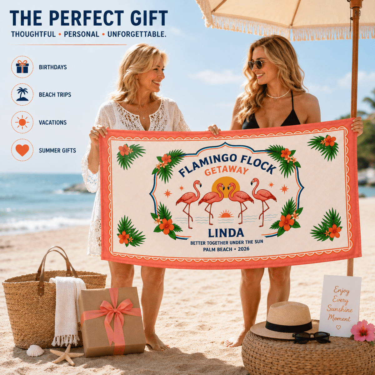 Personalized Flamingo Beach Towel | Flamingo Flock Getaway Towel | Custom Beach Vacation Gift | Palm Beach Family Towel - FlamingoAholic