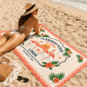 Personalized Flamingo Beach Towel | Flamingo Flock Getaway Towel | Custom Beach Vacation Gift | Palm Beach Family Towel - FlamingoAholic