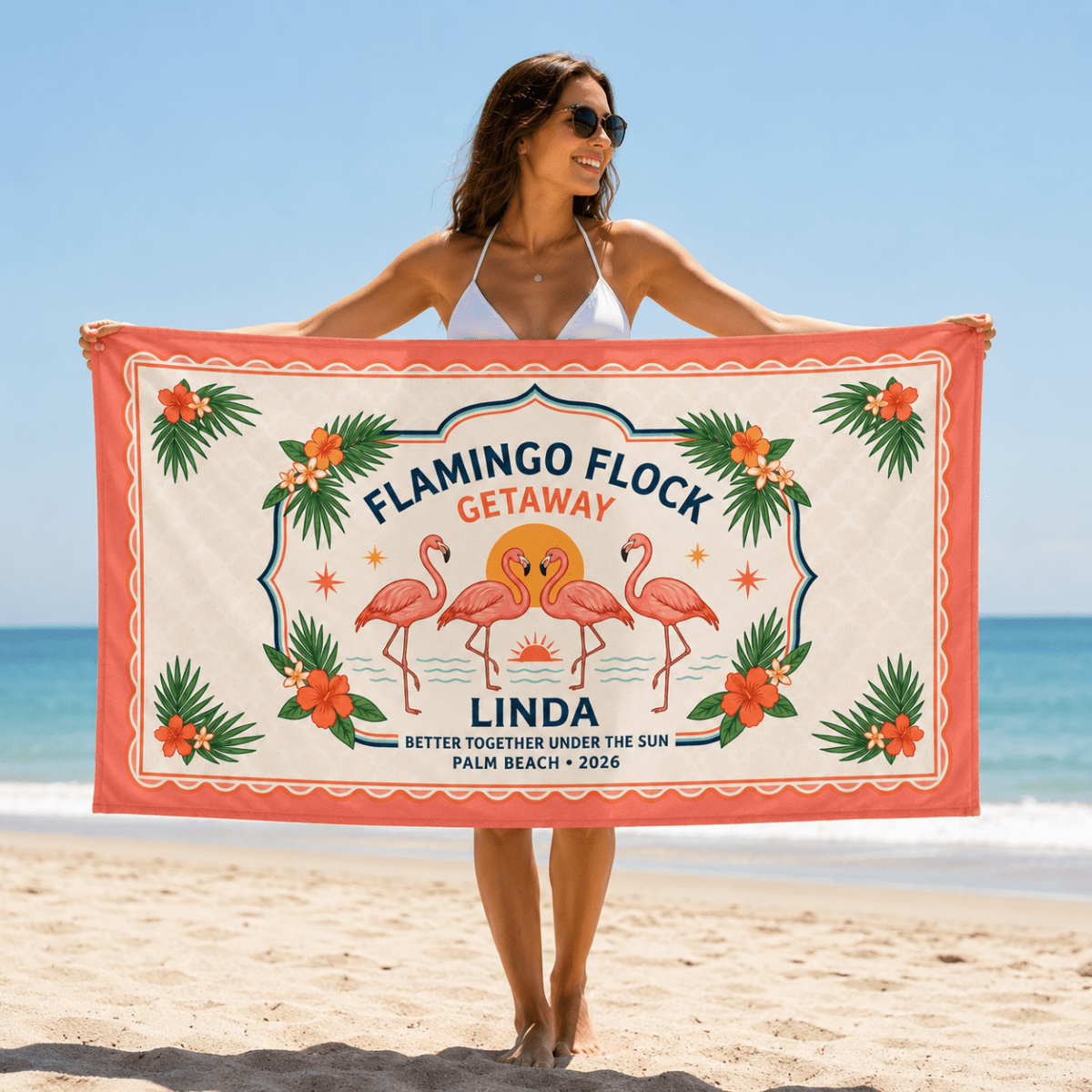 Personalized Flamingo Beach Towel | Flamingo Flock Getaway Towel | Custom Beach Vacation Gift | Palm Beach Family Towel - FlamingoAholic