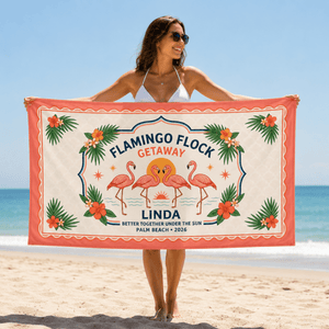 Personalized Flamingo Beach Towel | Flamingo Flock Getaway Towel | Custom Beach Vacation Gift | Palm Beach Family Towel - FlamingoAholic