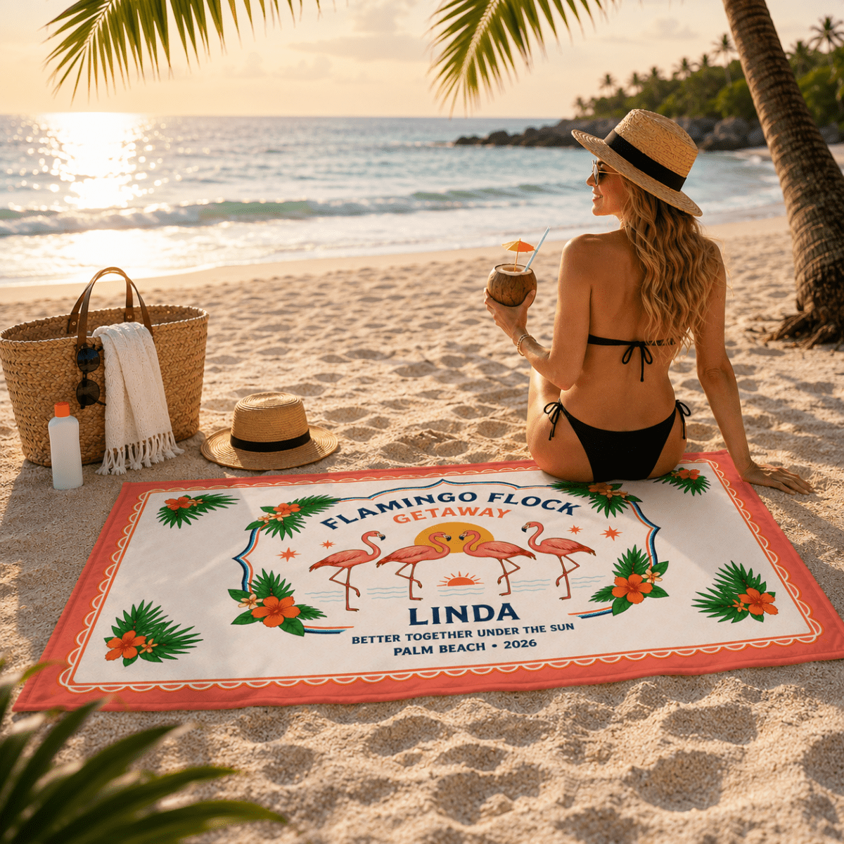Personalized Flamingo Beach Towel | Flamingo Flock Getaway Towel | Custom Beach Vacation Gift | Palm Beach Family Towel - FlamingoAholic