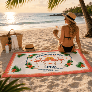 Personalized Flamingo Beach Towel | Flamingo Flock Getaway Towel | Custom Beach Vacation Gift | Palm Beach Family Towel - FlamingoAholic