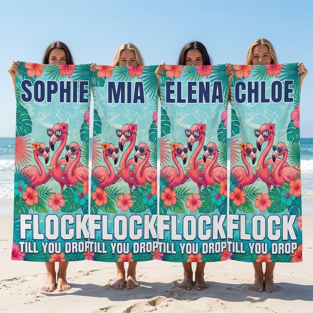 Personalized Flamingo Beach Towel - "Flock Till You Drop" Custom Name Summer Gift - FlamingoAholic