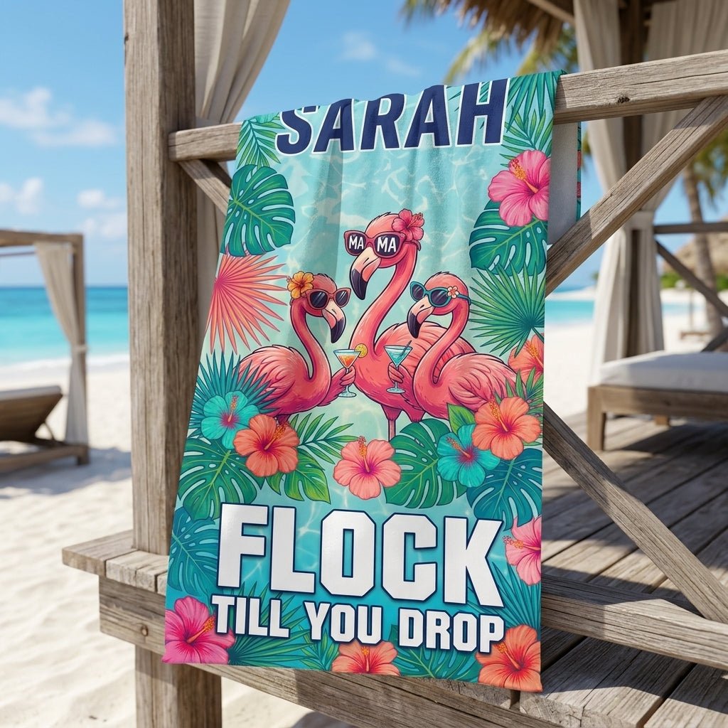 Personalized Flamingo Beach Towel - "Flock Till You Drop" Custom Name Summer Gift - FlamingoAholic