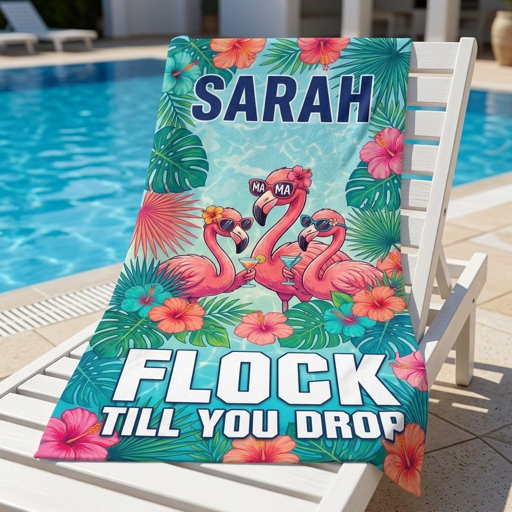 Personalized Flamingo Beach Towel - "Flock Till You Drop" Custom Name Summer Gift - FlamingoAholic