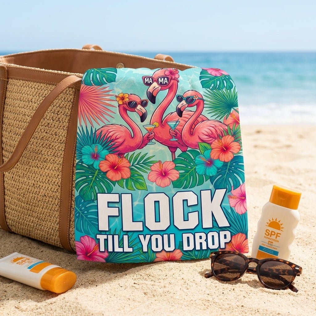 Personalized Flamingo Beach Towel - "Flock Till You Drop" Custom Name Summer Gift - FlamingoAholic