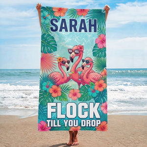 Personalized Flamingo Beach Towel - "Flock Till You Drop" Custom Name Summer Gift - FlamingoAholic