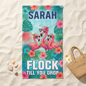 Personalized Flamingo Beach Towel - "Flock Till You Drop" Custom Name Summer Gift - FlamingoAholic