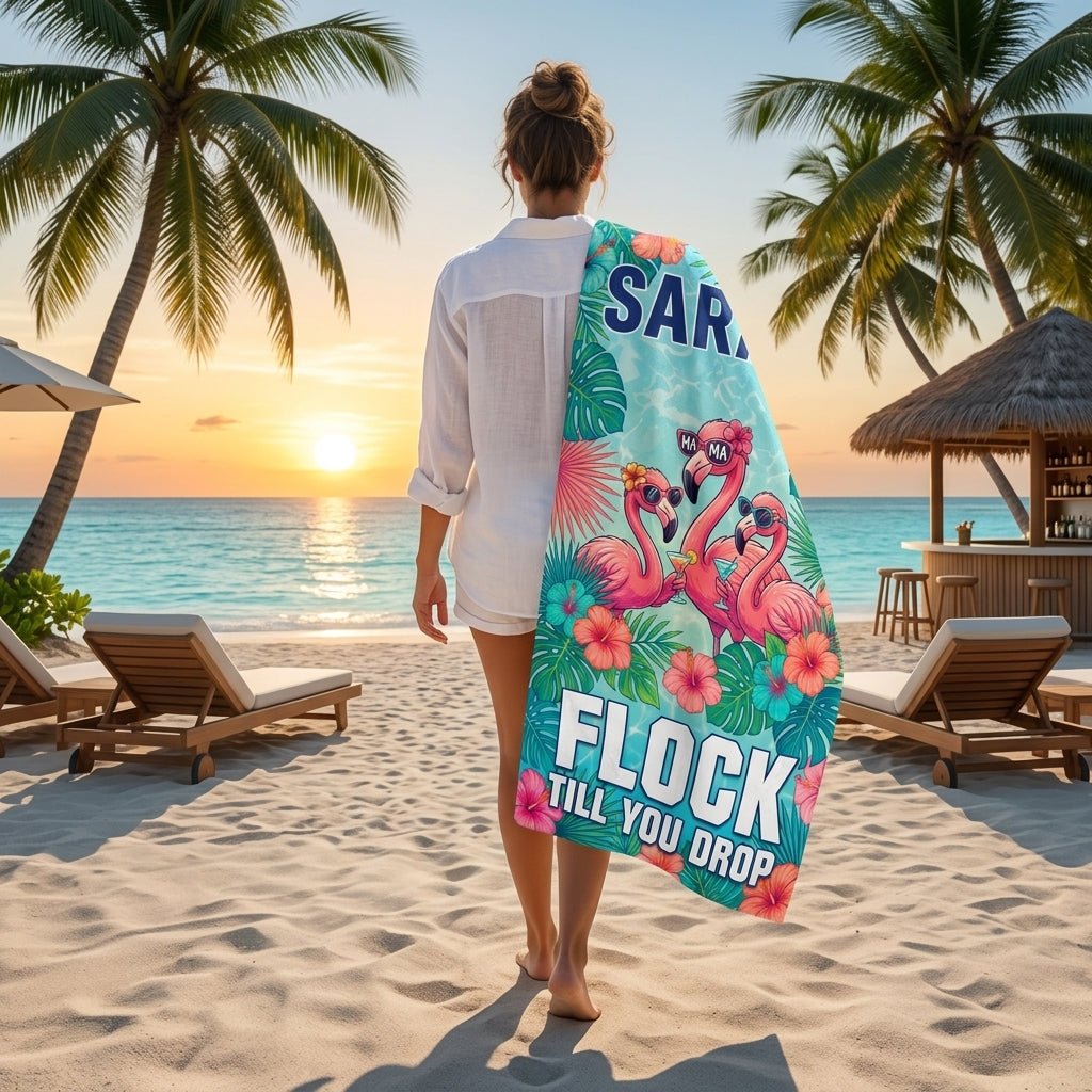 Personalized Flamingo Beach Towel - "Flock Till You Drop" Custom Name Summer Gift - FlamingoAholic