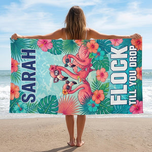 Personalized Flamingo Beach Towel - "Flock Till You Drop" Custom Name Summer Gift - FlamingoAholic