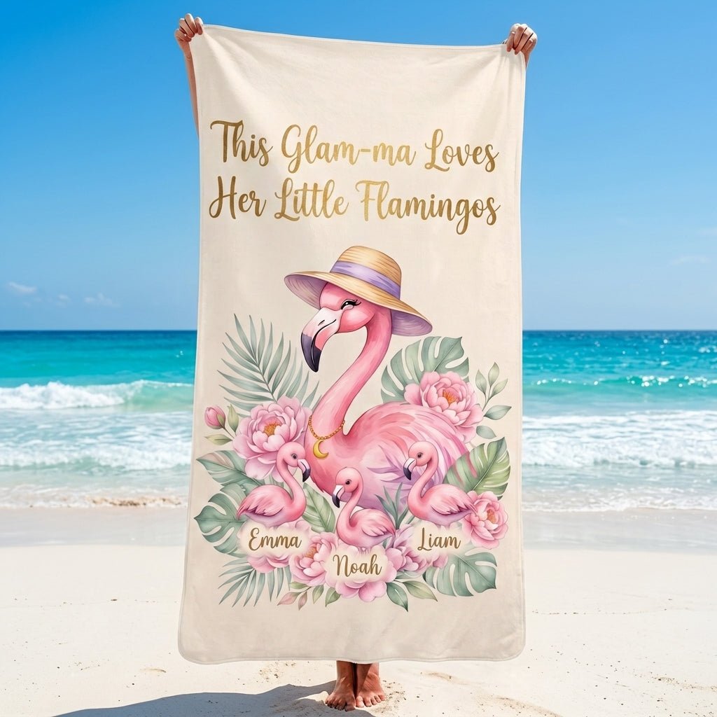 Personalized Flamingo Beach Towel for Grandma - Custom Names "Glam-ma" - FlamingoAholic