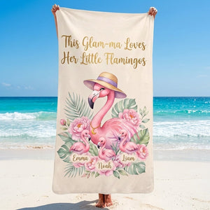 Personalized Flamingo Beach Towel for Grandma - Custom Names "Glam-ma" - FlamingoAholic