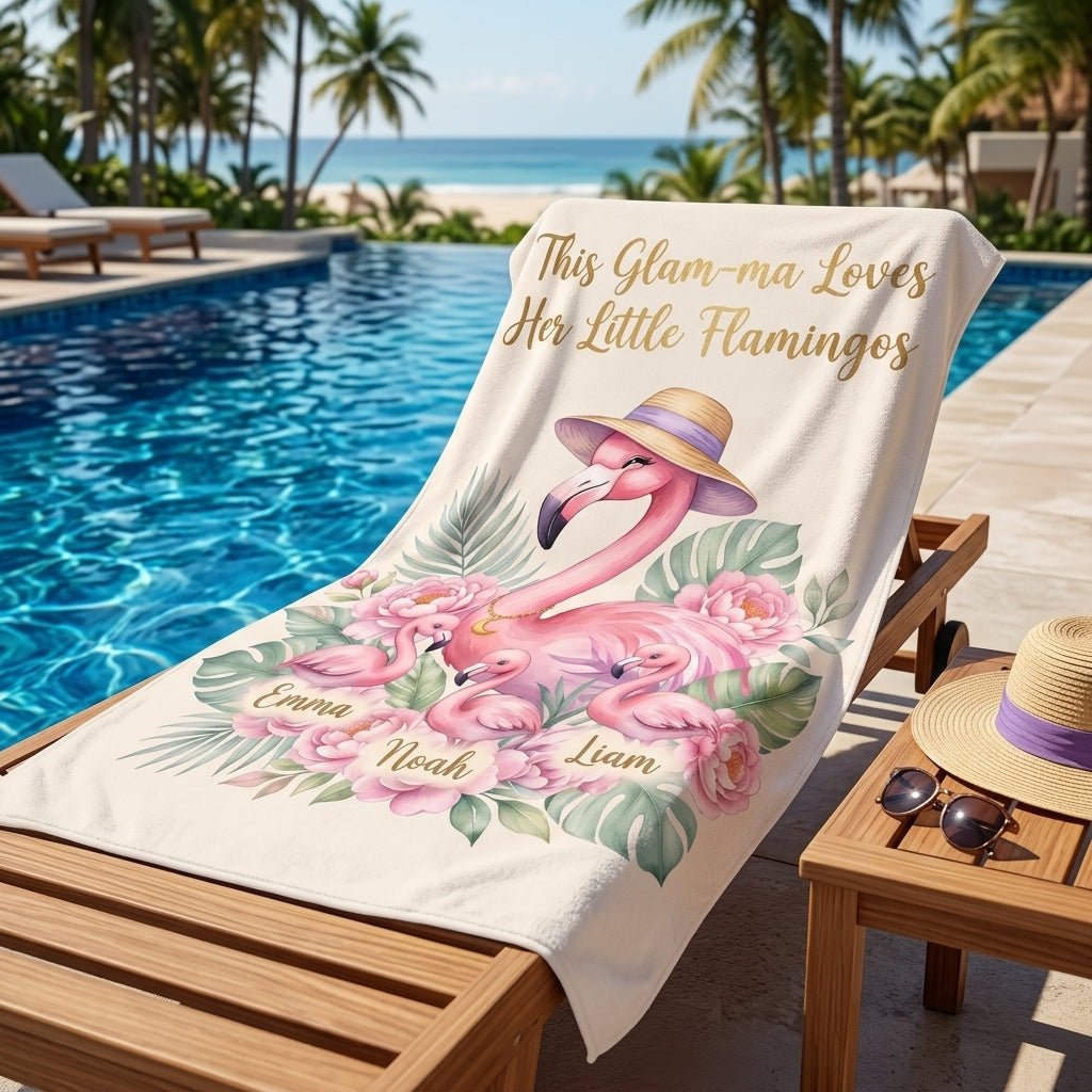 Personalized Flamingo Beach Towel for Grandma - Custom Names "Glam-ma" - FlamingoAholic