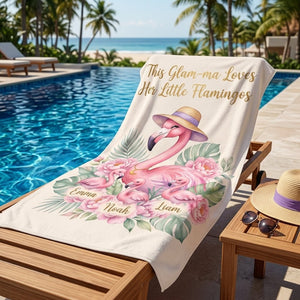 Personalized Flamingo Beach Towel for Grandma - Custom Names "Glam-ma" - FlamingoAholic