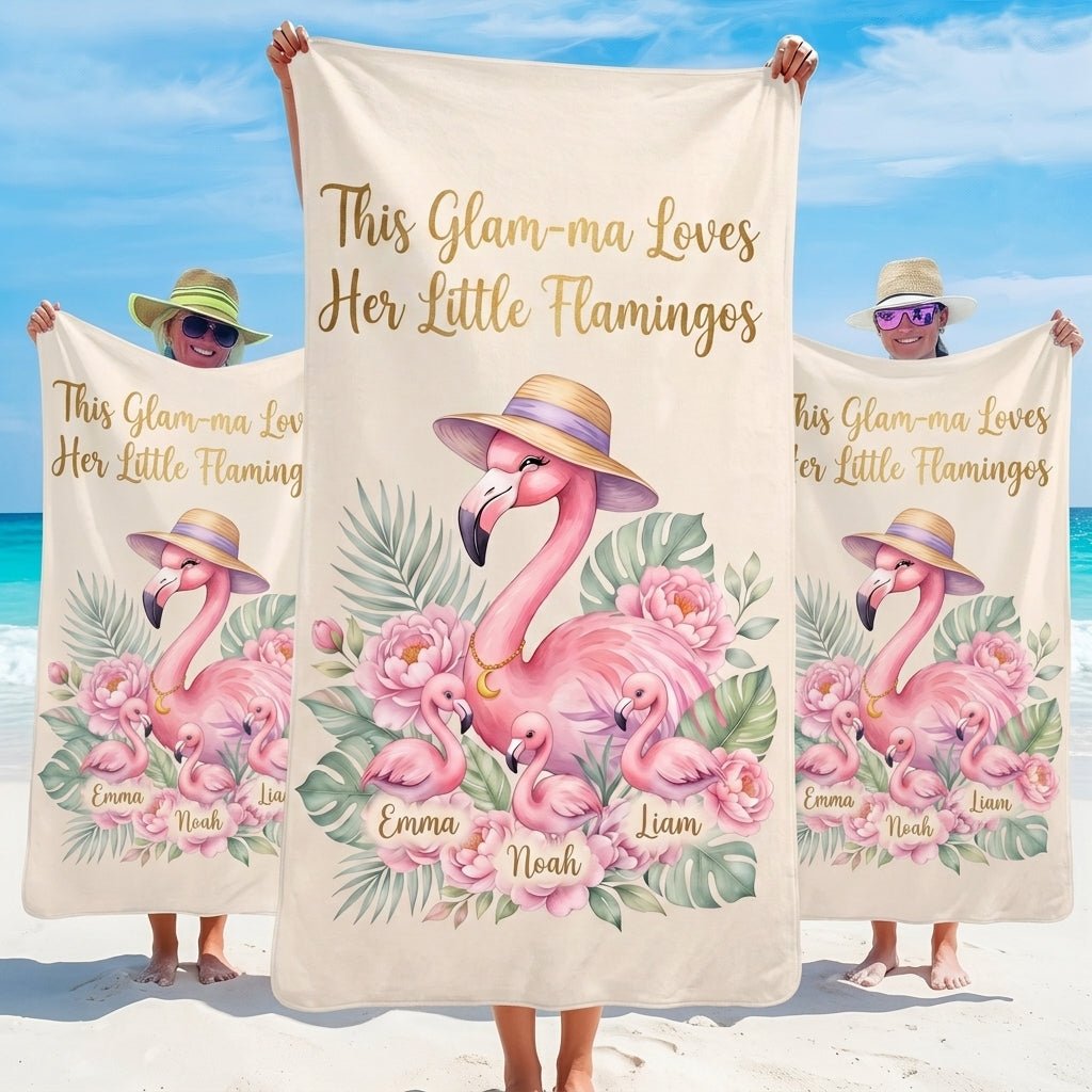 Personalized Flamingo Beach Towel for Grandma - Custom Names "Glam-ma" - FlamingoAholic