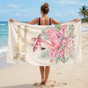 Personalized Flamingo Beach Towel for Grandma - Custom Names "Glam-ma" - FlamingoAholic