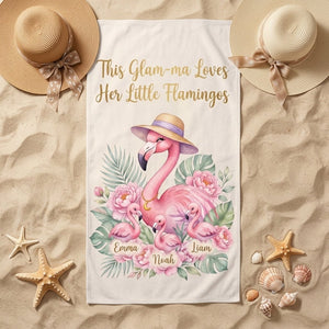 Personalized Flamingo Beach Towel for Grandma - Custom Names "Glam-ma" - FlamingoAholic