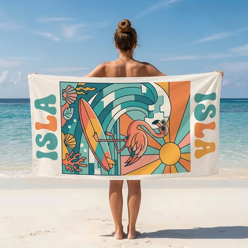 Personalized Flamingo Beach Towel - Retro Surfing Flamingo Custom Name Summer Vacation Gift - FlamingoAholic
