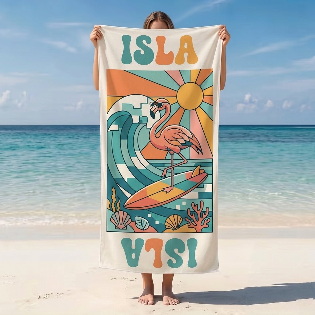 Personalized Flamingo Beach Towel - Retro Surfing Flamingo Custom Name Summer Vacation Gift - FlamingoAholic
