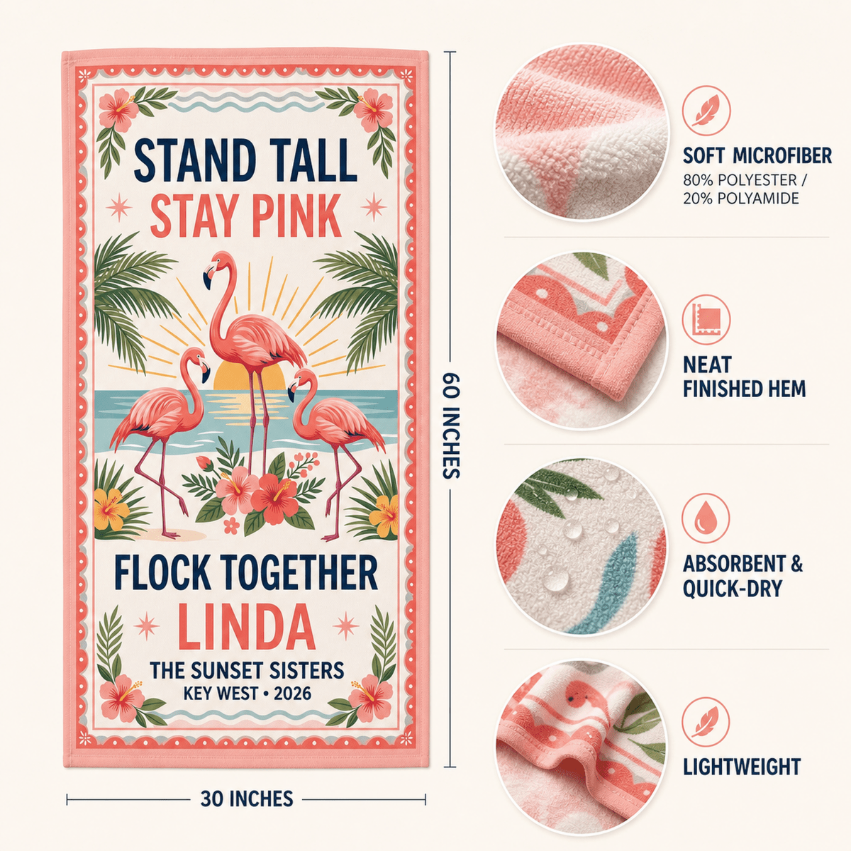 Personalized Flamingo Beach Towel | Stand Tall Stay Pink | Custom Best Friends Beach Gift - FlamingoAholic