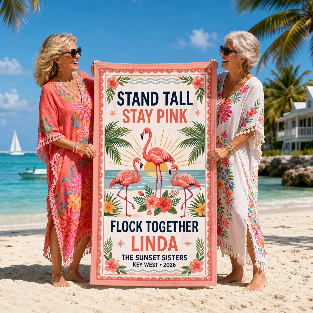 Personalized Flamingo Beach Towel | Stand Tall Stay Pink | Custom Best Friends Beach Gift - FlamingoAholic